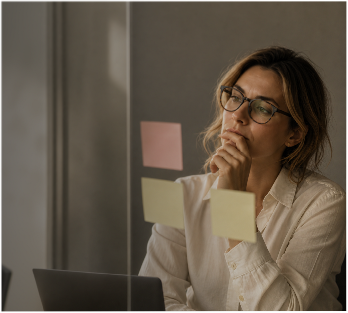 Femme active prenant une décision en fin de journée après une journée de travail chargée.