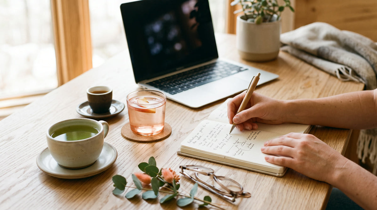 Une tasse de thé vert, un expresso et un verre de boisson pêche sur un bureau, pendant une séance de travail