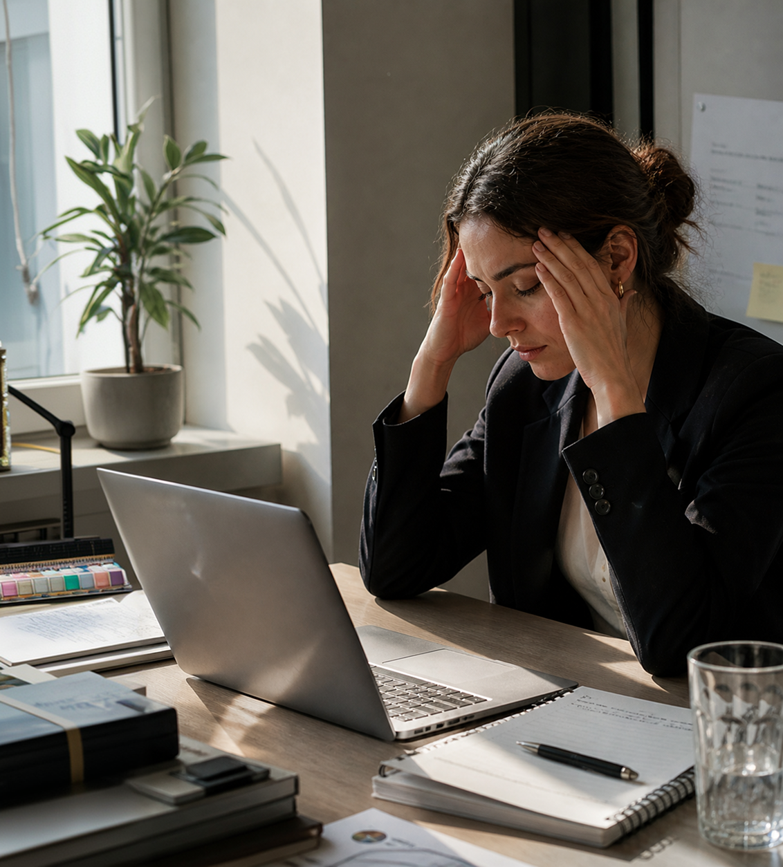 Femme concentrée sur une tâche importante mais sa concentration diminue.