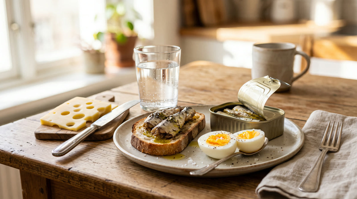 Tartine de sardines, œuf dur coupé et morceau d'emmental, aliments naturellement riches en vitamine B12