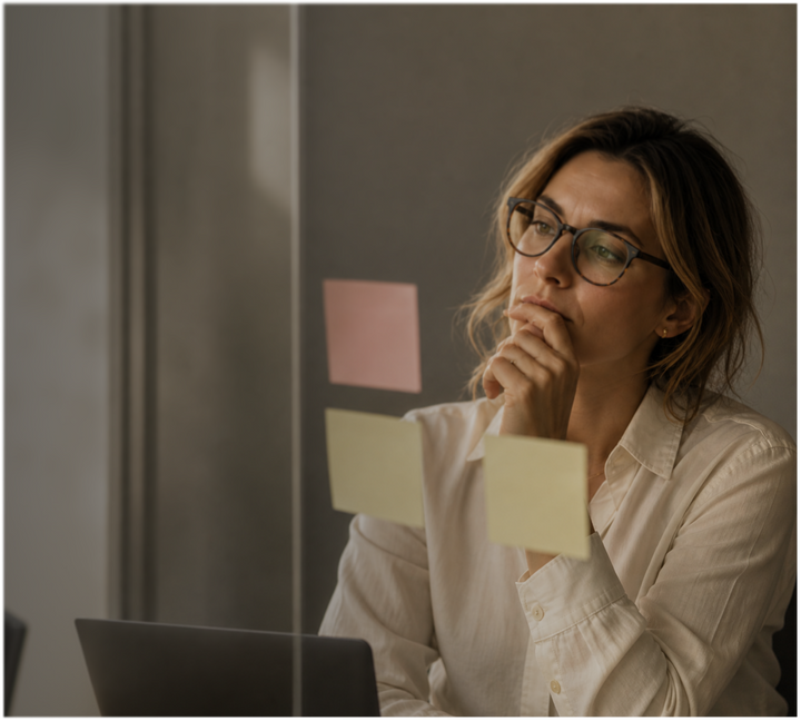 Femme active prenant une décision en fin de journée après une journée de travail chargée.