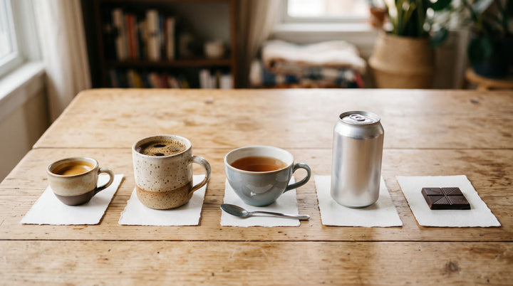 Un expresso, un mug de café filtre, une tasse de thé, une canette et du chocolat noir alignés pour comparer leur teneur en caféine