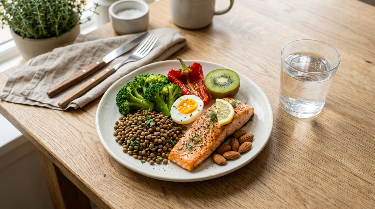 Assiette variée vue de dessus avec saumon, œuf, lentilles, brocoli, poivron rouge, kiwi et amandes, sources de vitamines B et C