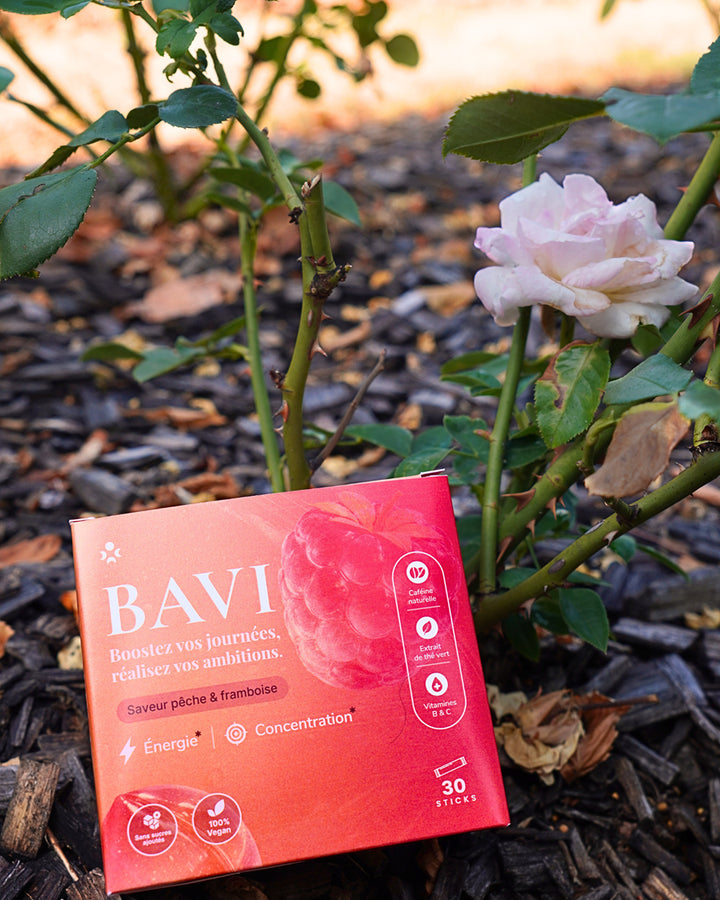 BAVI, complément alimentaire en sticks pêche-framboise pour l’énergie et la concentration