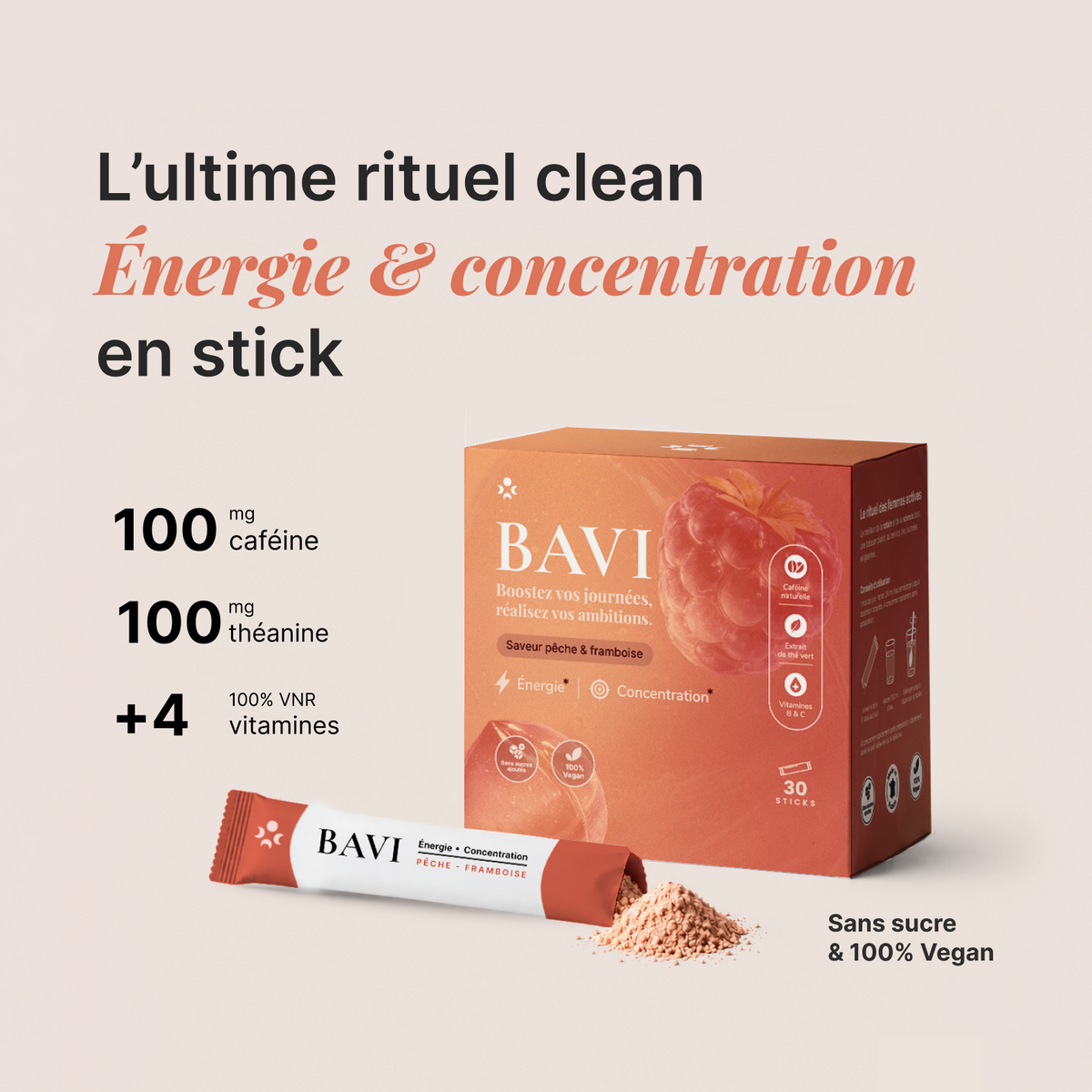 Pack BAVI Énergie et Concentration en stick pêche framboise avec caféine, théanine et vitamines