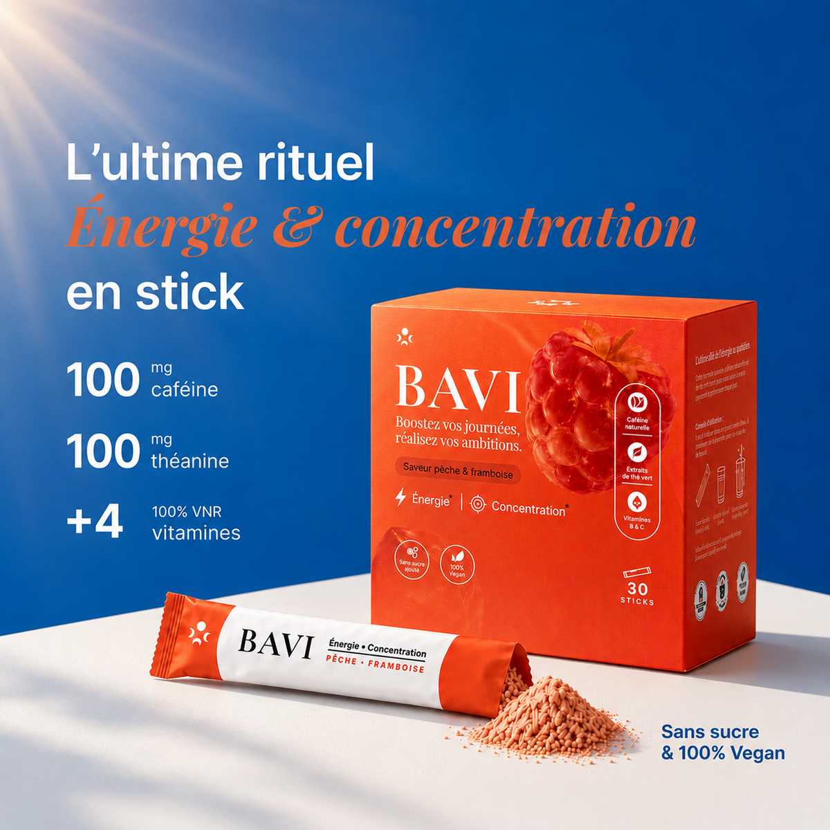 BAVI, complément alimentaire en sticks pêche-framboise pour l’énergie et la concentration
