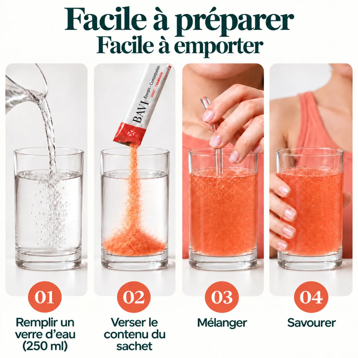 BAVI, complément alimentaire en sticks pêche-framboise pour l’énergie et la concentration