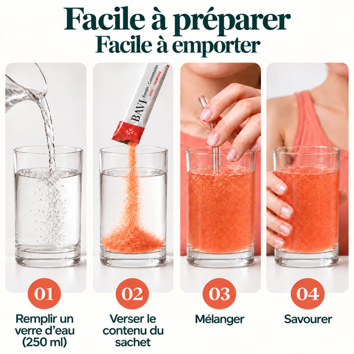 BAVI, complément alimentaire en sticks pêche-framboise pour l’énergie et la concentration
