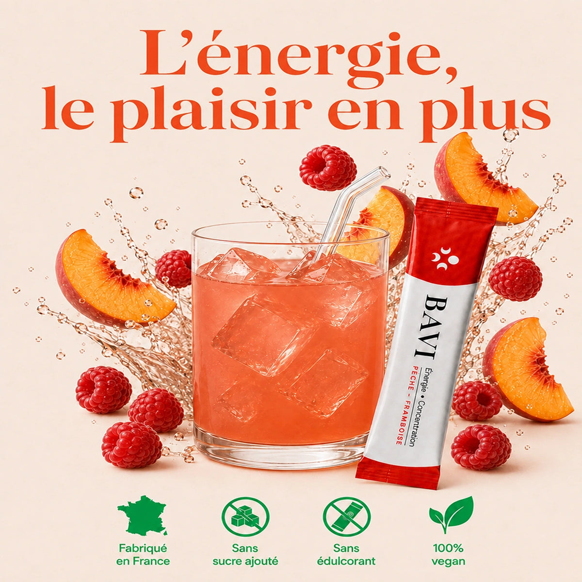BAVI, complément alimentaire en sticks pêche-framboise pour l’énergie et la concentration