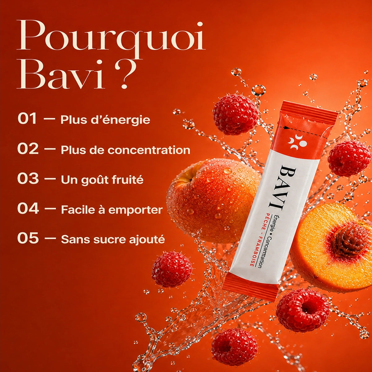 BAVI, complément alimentaire en sticks pêche-framboise pour l’énergie et la concentration