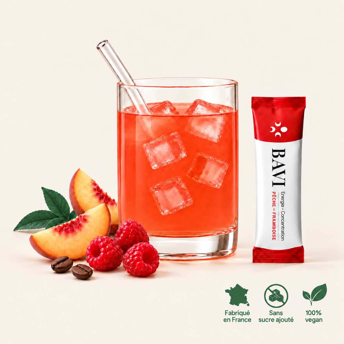 BAVI, complément alimentaire en sticks pêche-framboise pour l’énergie et la concentration