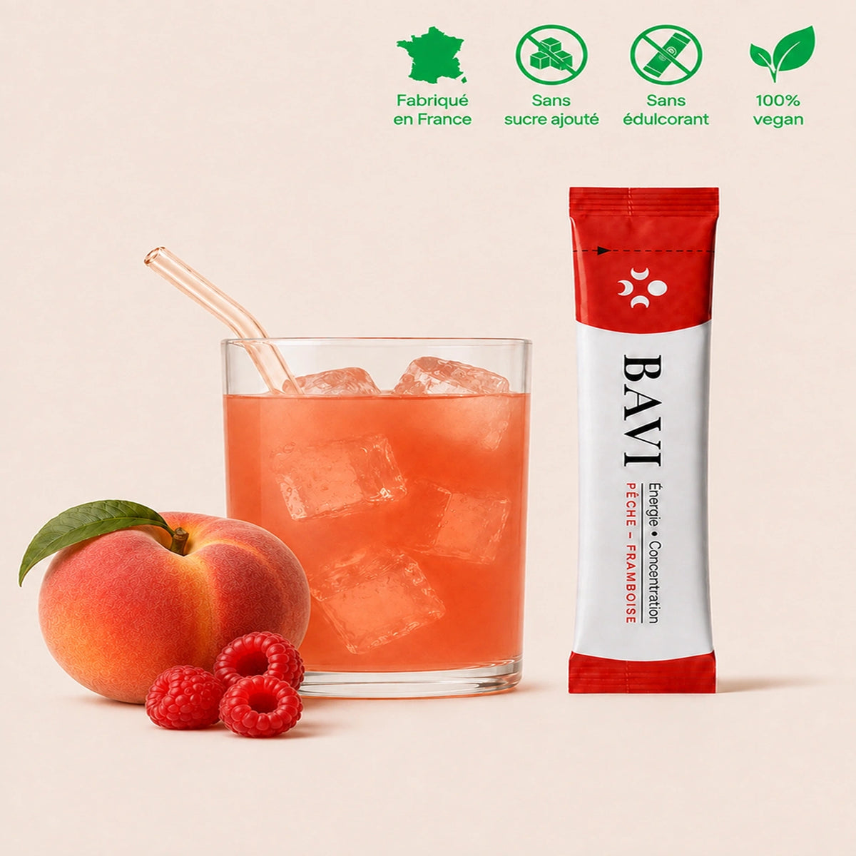 BAVI, complément alimentaire en sticks pêche-framboise pour l’énergie et la concentration